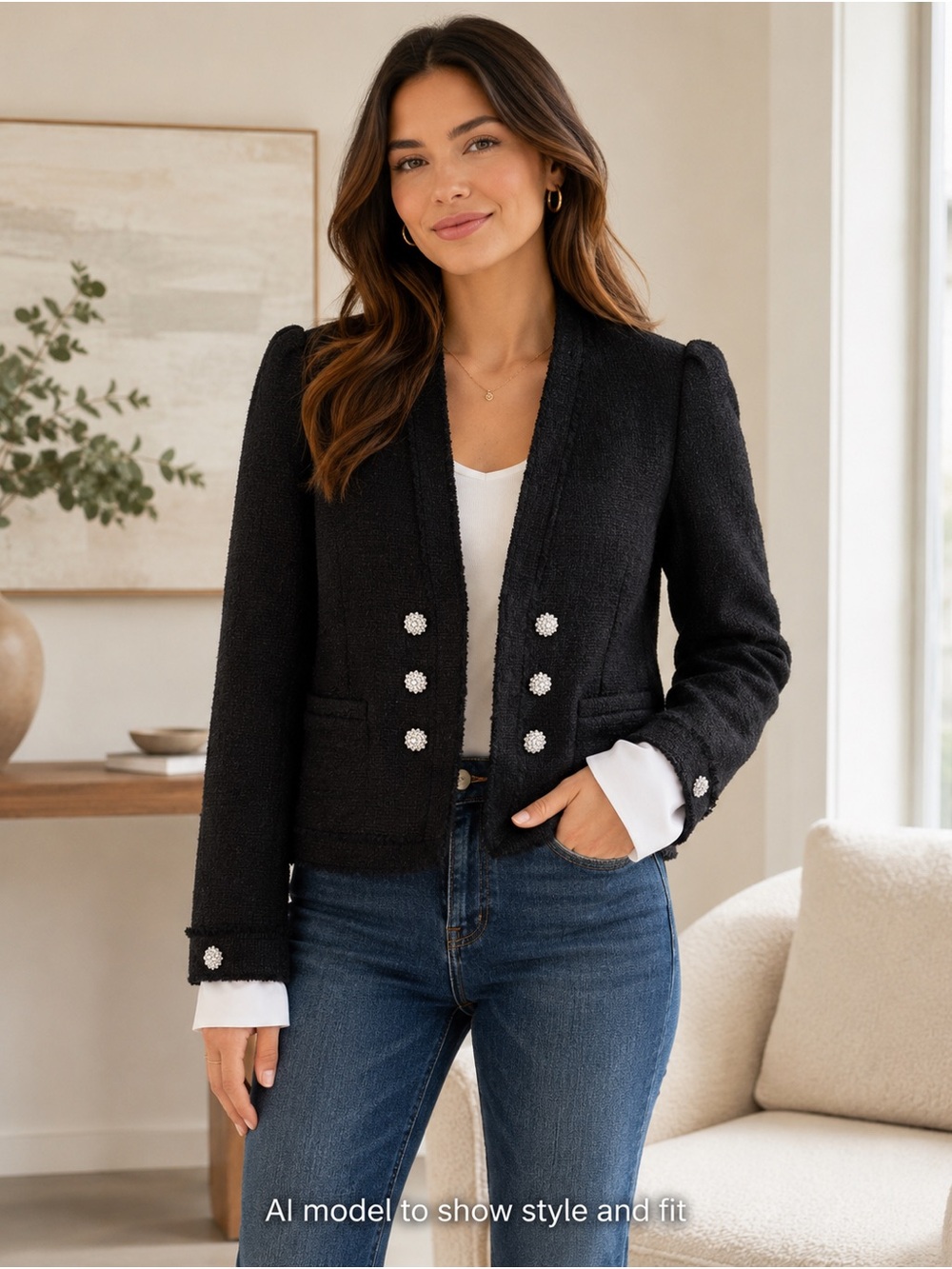 Gorgeous Black Tweed Cropped Jacket Crystal Buttons Small